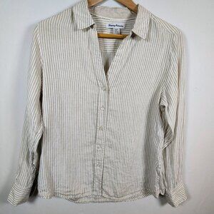 Tommy Bahama Women's Stripped V-Neck Collar Long Sleeve Button-Down Linen Shirt